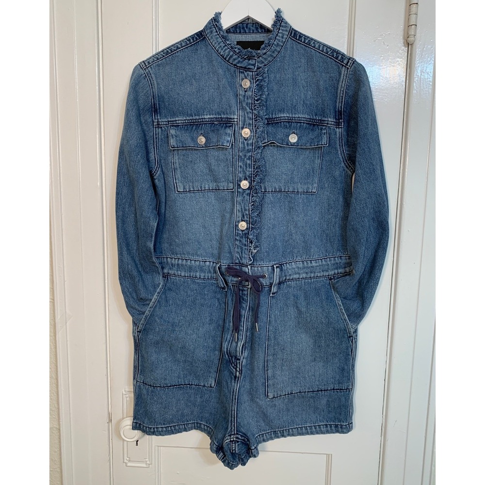 Hudson Jeans Blue Denim M Utility Romper Drawstring Ruffle Collar Long Sleeves - Picture 2 of 16